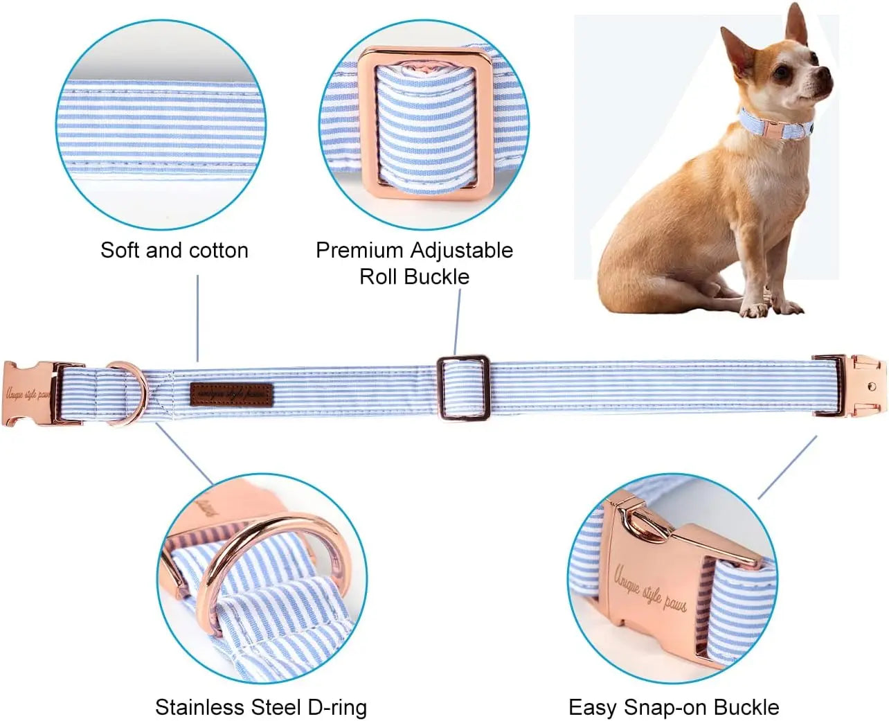 Unique Style Paws Dog Collar Metal Buckle Blue Stripe Collar Gift Durable Cute Collar for Small Medium Large Boys Girls Dogs